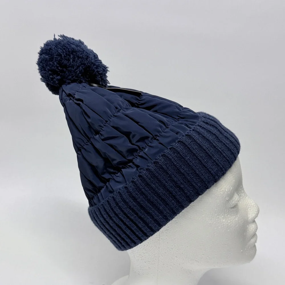 Fanes Paul Youth Navy Blue Puffer Knit Beanie Fuzzy Fleece Lined Pom Hat